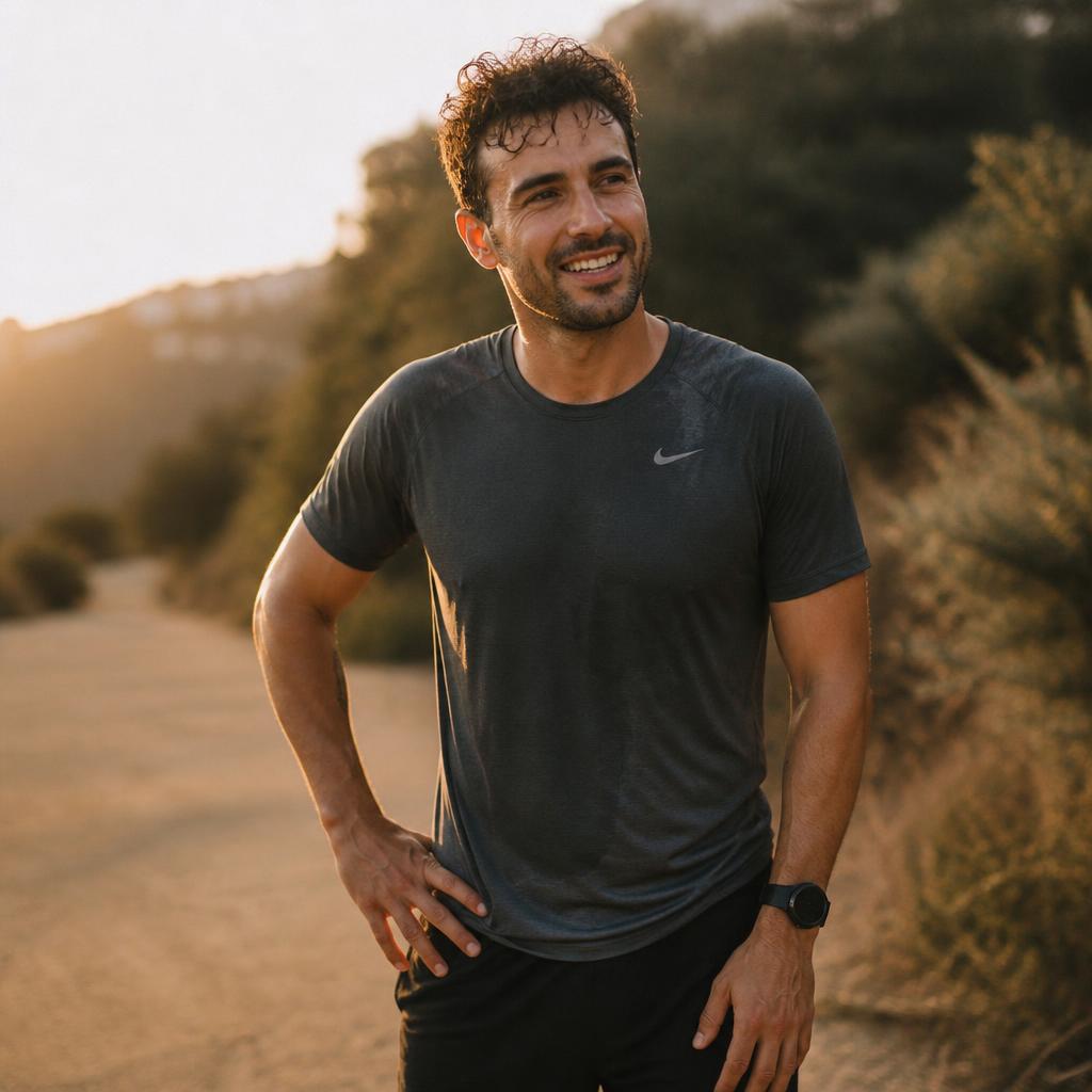 Fit man smiling after finishing a workout at golden hour