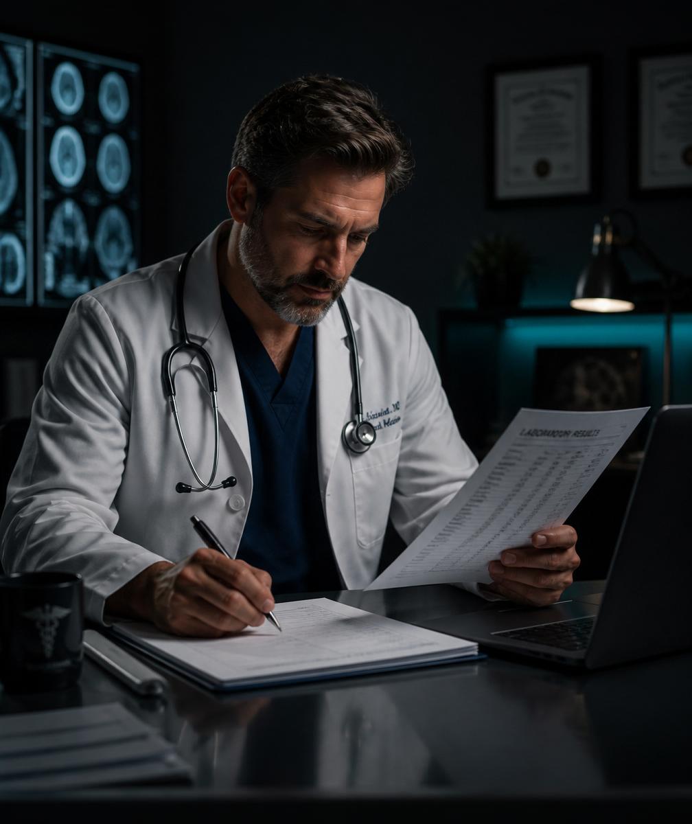 A physician reviewing laboratory results and writing notes beside a laptop