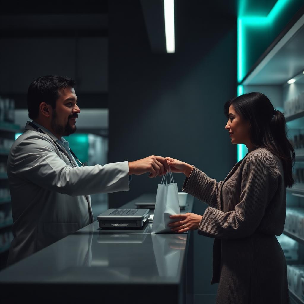 Pharmacist handing a prescription bag to a patient