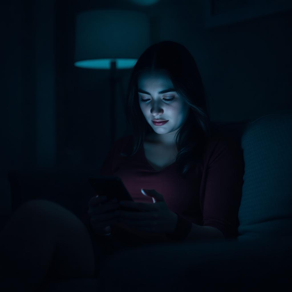 Patient at home checking symptoms on her phone